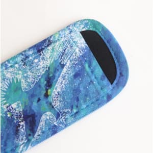 An Icy Pole Holder in vibrant blue and green patterns, featuring a soft fabric surface and a black opening.