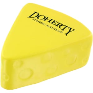 A yellow cheese-shaped stress reliever with a textured surface and a logo.