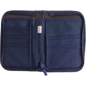 A navy blue passport holder with multiple compartments, including card slots and a mesh pocket, featuring a zip closure.