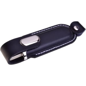 A black Venus Flash Drive with a sleek leather case and metallic accents. It features a snap closure.