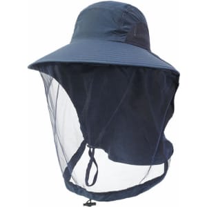 A navy mosquito mesh hat featuring a wide brim and a protective mesh netting at the front. It includes a branded logo.