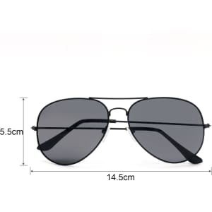 Classic aviator sunglasses with black frames and dark lenses, featuring a logo on the design. Dimensions included.