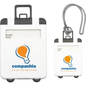 A white ABS luggage tag with a light bulb logo, featuring a name label and a clip attachment.