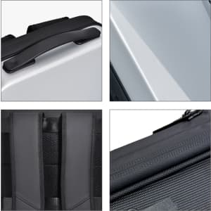 A grey expandable hardshell backpack features a sturdy handle, padded straps, and textured surfaces. It has a logo as well.