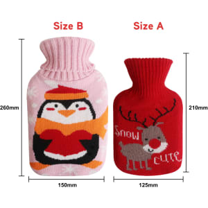 A hot water bottle with a pink penguin knitted cover and a red reindeer knitted cover, each with a distinctive design.