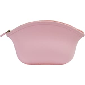 A pink silicone cosmetic bag with a rounded design and a zip closure. It features a subtle logo.