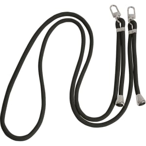 An adjustable black phone lanyard with a back clip and metal attachments on both ends.
