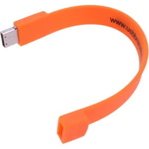 An orange rectangular silicone wristband flash drive with a USB connector and a branding logo.