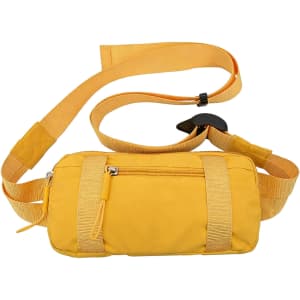 A yellow travel fanny pack with an adjustable strap and a front zip pocket, featuring a small logo.
