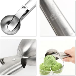A stainless steel ice cream scoop featuring a smooth design and a handle for easy use, with a logo present.