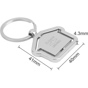 A metal keyring in a house shape, featuring a shiny silver finish and a circular keychain attachment.