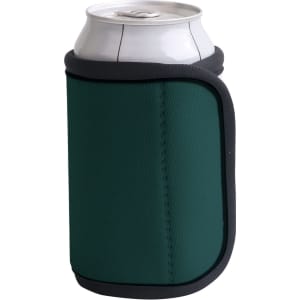 A drink bottle wrapped in a dark green Velcro stubby holder with a grey trim.