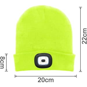 A bright yellow beanie with a built-in headlamp feature, measuring 20cm wide and 22cm tall.