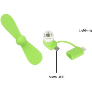 A green 2 in 1 smartphone fan with a Micro USB and Lightning connector, featuring a compact design for easy use.