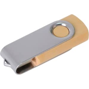 A metal and wooden swivel flash drive in silver and natural wood tones, featuring a circular design element and branding.