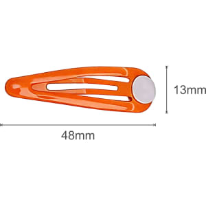 An orange hair clip with a central white round feature, measuring 48mm in length and 13mm in width.