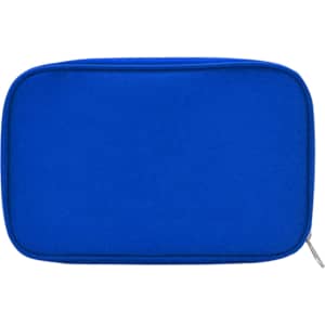 A blue first aid kit bag with a zip closure and a blank surface, featuring a logo. No contents are visible.