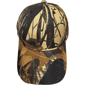A six-panel cap in true timber camouflage featuring shades of brown, black, and tan. It includes a branding logo.