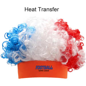 A vibrant afro headband wig featuring blue, white, and red curly hair with an orange band and branding.