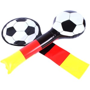 Inflatable Bang Bang Sticks in black and white soccer ball design with red and yellow accents. Features a logo.