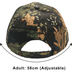 A six-panel cap in true timber camouflage, featuring shades of green and brown with an adjustable strap and logo.