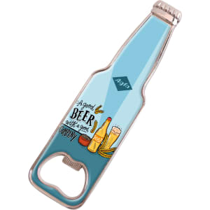 A drink bottle-shaped fridge magnet bottle opener in blue, featuring a graphic design and a logo.