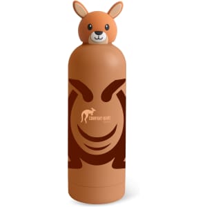 A drink bottle in brown with a kangaroo head lid and a design featuring a kangaroo. It has a logo.