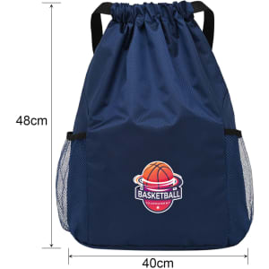 A navy drawstring backpack with a logo featuring a basketball, measuring 48cm by 40cm, and side mesh pockets.