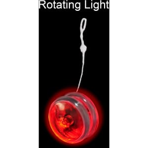 A red yoyo with a rotating light feature and a white string, displayed against a black background. It has a logo.