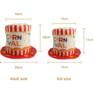 A custom digital printed top hat in red and white with colourful polka dots and decorative elements, available in adult and kid sizes.