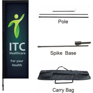 A rectangular banner in black and green, with a pole, spike base, and carry bag included.