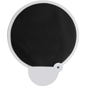 A 20cm foldable fan in black with a white trim and button detail, featuring a circular shape.