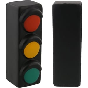 A traffic light shaped stress reliever in black with red, yellow, and green buttons. It features a smooth finish.