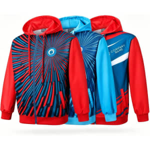 A red and blue men's polyester sublimated training track jacket with a dynamic design and a logo.