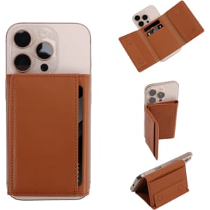 A brown PU magnetic wallet attached to a smartphone, displaying card slots and a foldable design.