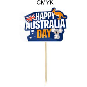 A blue and orange custom sticker toothpick with an Australian theme featuring a kangaroo and a koala, celebrating Australia Day.