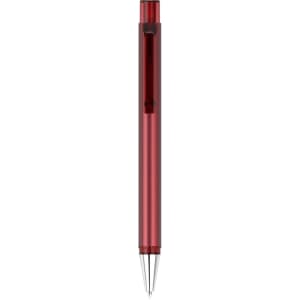 A red flat pen with a sleek body and a silver tip, featuring a logo on its surface.