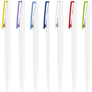 A selection of plastic pens with a creamy white barrel and coloured clips in purple, blue, red, and green.