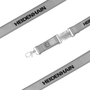 A silver poly satin lanyard featuring a clip and branding, designed for durability and style.