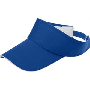 A blue sandwich sun visor with a wide brim and adjustable strap, featuring a logo on the front.