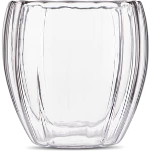 A clear glass with a spiral design, featuring a double wall for insulation. It has a smooth finish and a sleek shape.