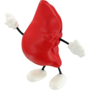 A red liver-shaped stress reliever with white hands and feet, featuring a cheerful expression.