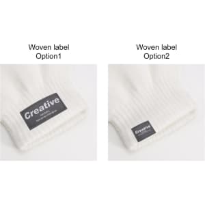 White knitted gloves featuring two woven label options. The gloves have a ribbed cuff design.