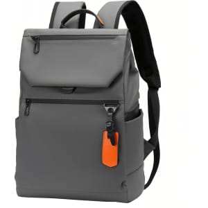 A grey laptop backpack with an orange accent, featuring multiple pockets and adjustable straps. It has a logo on it.