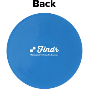 A round blue PVC coaster featuring a logo on the surface, shown from the back.