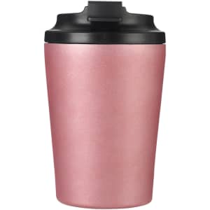 A drink bottle in a rose gold finish with a black lid and a logo on the side.