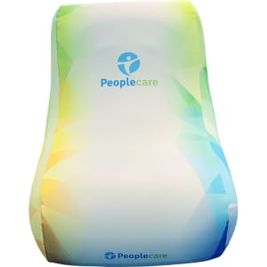 An inflatable lounge chair in green and blue shades features a logo on the front.