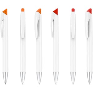 A collection of white pens with various coloured tips: orange, red, and orange-red, featuring a logo on each.