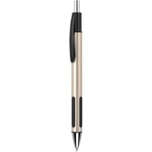 A plastic pen in gold and black, featuring a sleek design and grip sections. The pen includes a logo on its surface.