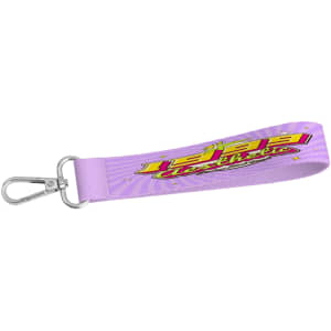 A purple sublimation keyring with a metal clasp and a colourful design. It features a logo.